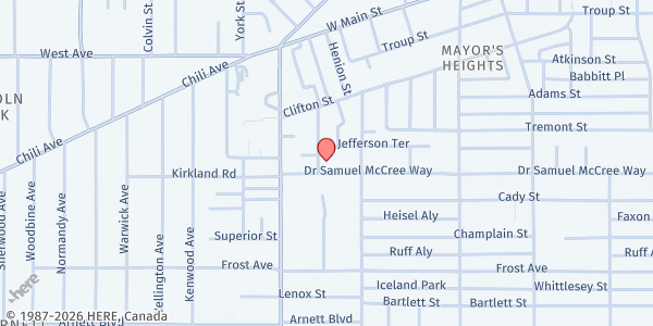 Map showing Zion Hill Missionary Baptist Pantry at 250 Dr. Samuel McCree Way, Rochester, NY