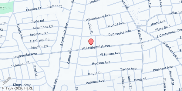 Map showing Queen Of The Most Holy Rosary at 196 W. Centennial Ave., Roosevelt, NY