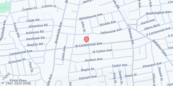 Map showing Queen of the Most Holy Rosary R.C. Church at 196 W. Centennial Avenue, Roosevelt, NY