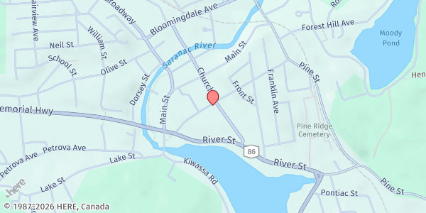 Map showing Community Supper - Soup Kitchen at 63 Church St, Saranac Lake, NY