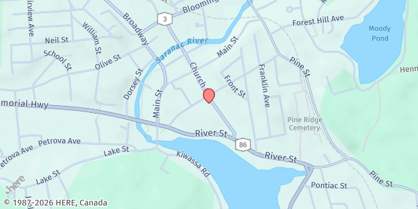 Map showing Presbyterian Church at 57 Church St - Rear, Saranac Lake, NY