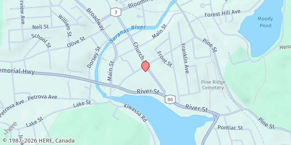 Map showing Saranac Lake Interfaith Food Pantry at 57 Church St - Rear, Saranac Lake, NY