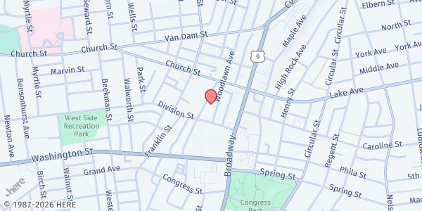 Map showing The Salvation Army Saratoga Springs at 27 Woodlawn Avenue, Saratoga Springs, NY