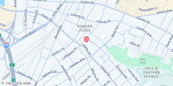 Map showing First United Methodist Church at 603 State Street, Schenectady, NY