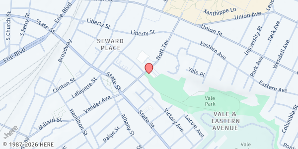 Map showing Schenectady Inn & Vale Park at 167 Nott Terrace, Schenectady, NY
