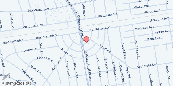 Map showing Step of Faith Ministries, Inc. at 53 Surrey Cir., Shirley, NY