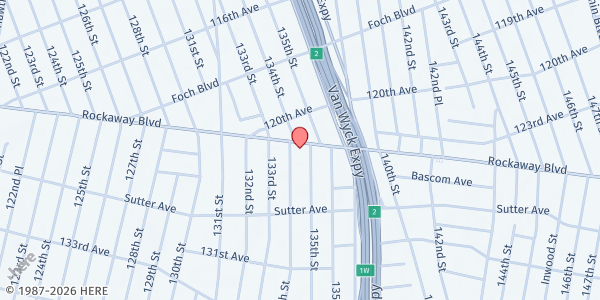 Map showing DELIVERANCE TEMPLE CHURCH OF JESUS CHRIST at 134-10 Rockaway Blvd, So. Ozone Park, NY