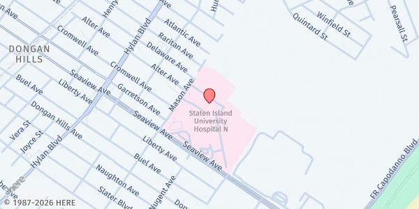Map showing University Hospital Medical Arts Pavilion at 242 Mason Avenue, South Beach, NY