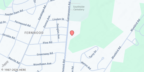 Map showing Pine Knolls Alliance Church Food Pantry at 614 Gansevoort Road, South Glens Falls, NY