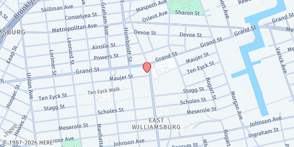 Map showing Mission Assembly Pentecostal at 118 Bushwick Avenue, Southside, NY