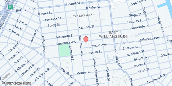 Map showing North Brooklyn Angels - Mobile Soup Kitchen (Bushwick) at 138 Montrose Avenue, Southside, NY