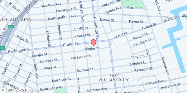 Map showing North Brooklyn Angels - Mobile Soup Kitchen (Maujer Street) at 195 Maujer Street, Southside, NY