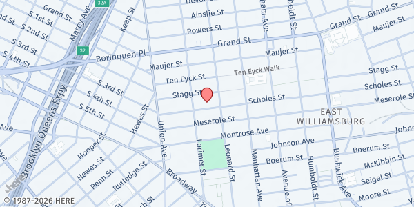 Map showing One Love Community Fridge @ HAVEN Boxing at 65 Scholes Street, Southside, NY