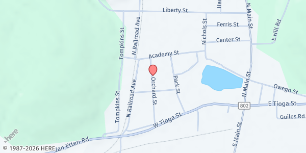 Map showing Spencer VanEtten Community Food Cupboard at 91 Orchard St., Spencer, NY