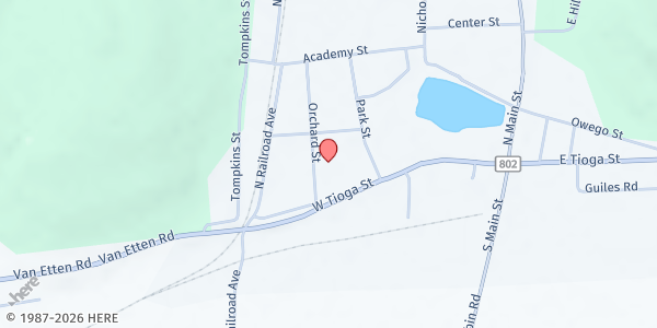 Map showing Spencer VanEtten Community Food Cupboard at 91 Orchard Street, Spencer, NY