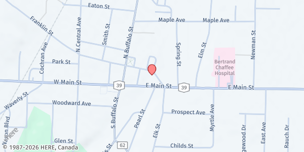 Map showing SOUTHERN TIER FOOD PANTRY AT THE TRADING POST at 38 FRANKLIN ST, SPRINGVILLE, NY