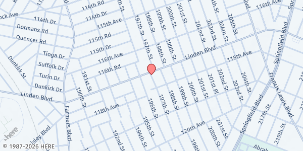 Map showing All Things Work Community Fridge at 196-172 Linden Boulevard, St. Albans, NY