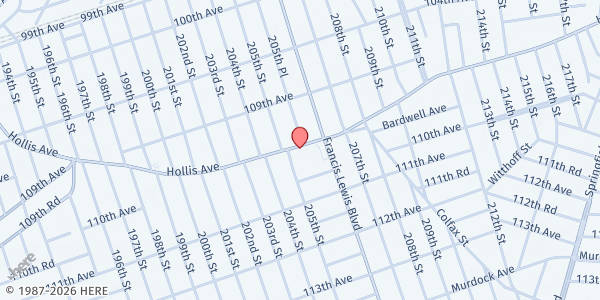 Map showing Saint Overs Deliverance Feeding Program at 205-14 Hollis Avenue, St. Albans, NY