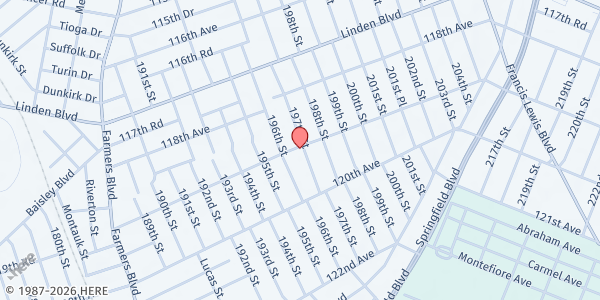 Map showing ST. ALBANS BAPTIST CHURCH at 196-20 119TH AVENUE, ST. ALBANS, NY