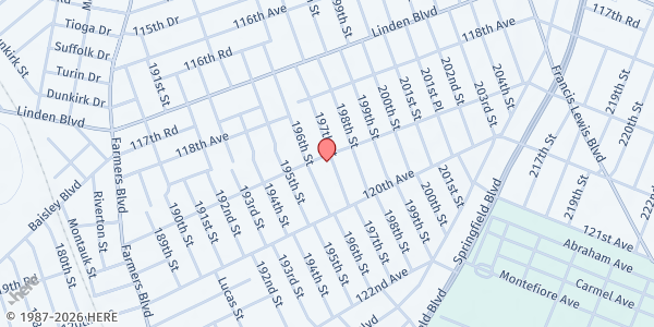Map showing St. Albans Baptist Church at 196-20 119TH AVENUE, ST. ALBANS, NY