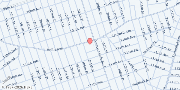 Map showing St. Albans Deliverance Feeding Program at 205-14 Hollis Avenue, St. Albans, NY