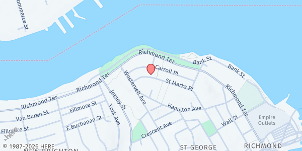 Map showing St Peters Church at 53 St Marks Pl, Staten Island, NY