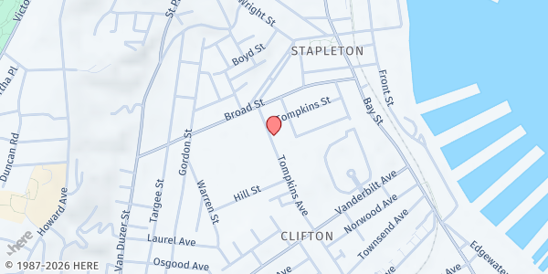 Map showing Stapleton UAME Church Food Pantry at 43 Tompkins Ave, Staten Island, NY