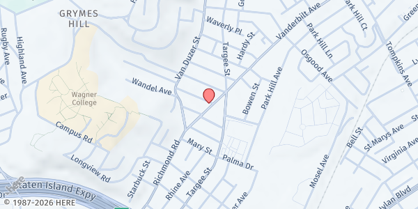 Map showing UNITED CHURCH OF PRAISE INTERNATIONAL MINISTRIES, INC at 487 VANDERBILT AVENUE, Staten Island, NY