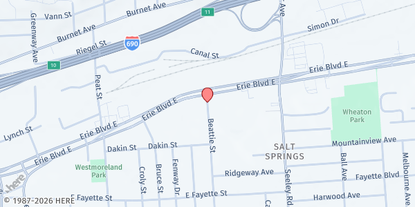 Map showing Bethany Baptist Church at 49 Beattie Street, Syracuse, NY