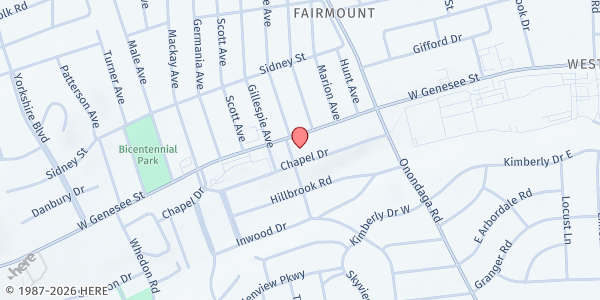 Map showing Church of the Holy Family Food Pantry at 130 Chapel Drive, Syracuse, NY