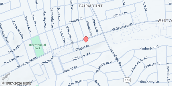 Map showing Church Of The Holy Family Food Pantry at 124 Chapel Dr, Syracuse, NY