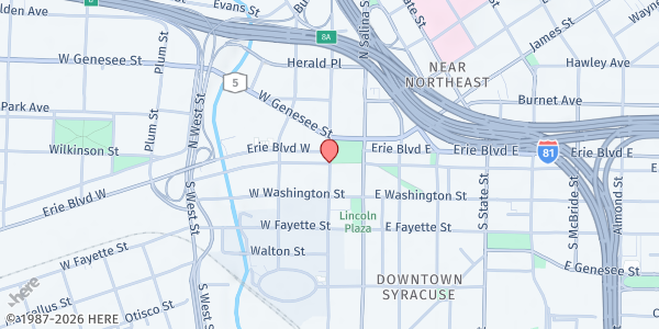 Map showing Clinton Square Farmers Market at Clinton St and Water St, Syracuse, NY
