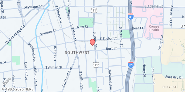 Map showing Hopps Memorial CME Church at 1110 S State St, Syracuse, NY