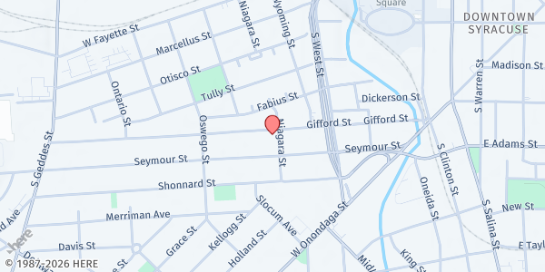 Map showing Huntington Family Center Food Pantry at 405 Gifford Street, Syracuse, NY