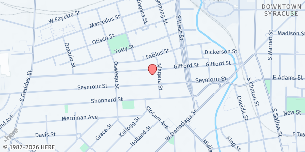 Map showing Huntington Family Centers- Food Pantry - Food Distribution Center at 405 Gifford St, Syracuse, NY