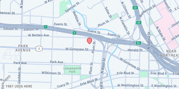 Map showing Missio Church Food Pantry at 620 West Genesee St, Syracuse, NY