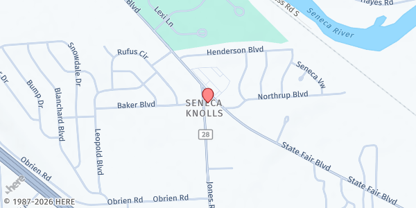 Map showing New Beginnings Christian Center at 7247 State Fair Blvd., Syracuse, NY