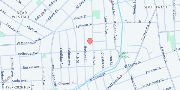 Map showing New Salem Food Pantry & Soup Kitchen - Food Distribution Center at 516 South Ave, Syracuse, NY