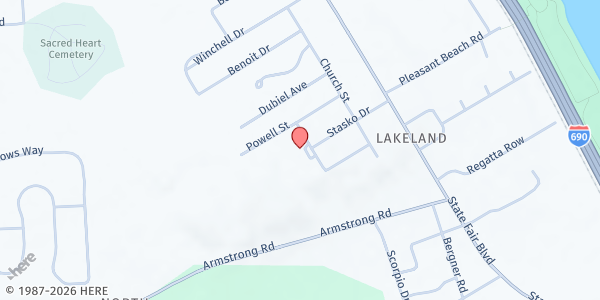 Map showing Our Lady of Peace at 203 Halcomb Street, Syracuse, NY