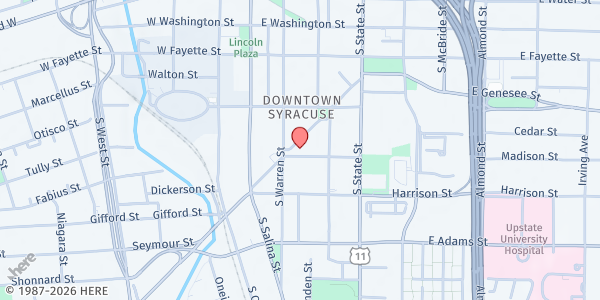 Map showing Plymouth Church Pantry at 232 E. Onondaga Street, Syracuse, NY