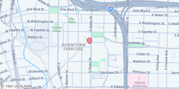 Map showing Prince of Peace Missionary Food Pantry at 317 E. Jefferson Street, Syracuse, NY