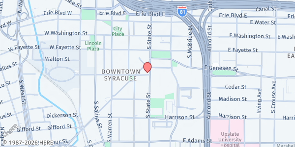 Map showing Prince Of Peace Missionary Food Pantry - Food Distribution Center at 317 E Jefferson St, Syracuse, NY
