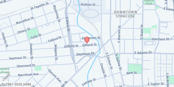 Map showing Rescue Mission Soup Kitchen - Food Distribution Center at 148 Gifford Street, Syracuse, NY