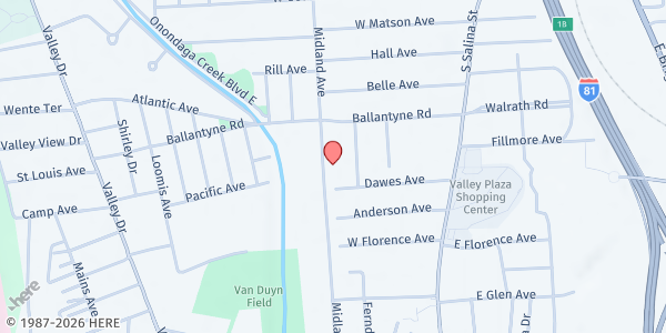Map showing Southern Missionary Baptist FP at 3143 Midland Avenue, Syracuse, NY