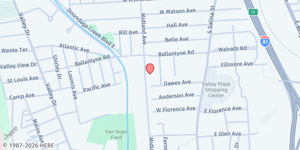 Map showing Southern Missionary Baptist Pantry at 3143 Midland Avenue, Syracuse, NY