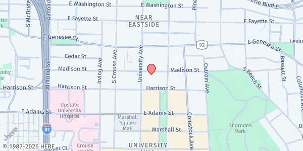Map showing Temple Concord Food Pantry at 910 Madison Street, Syracuse, NY