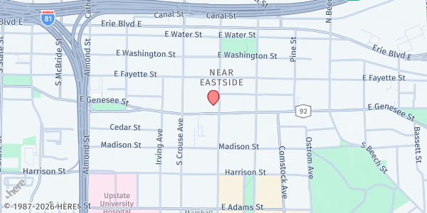 Map showing University UMC Food Pantry at 1085 E. Genesee St, Syracuse, NY