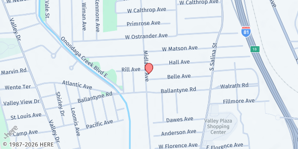 Map showing Valley Worship Center Food Pantry at 2929 Midland Avenue, Syracuse, NY