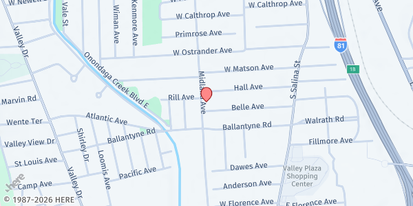 Map showing Valley Worship Center Food Pantry - Food Distribution Center at 2929 Midland Avenue, Syracuse, NY