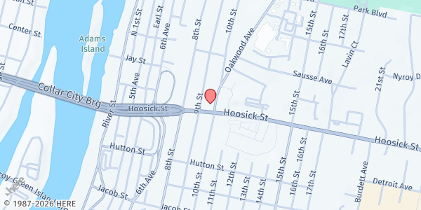 Map showing Oakwood Community Center at 313 10th St, Troy, NY